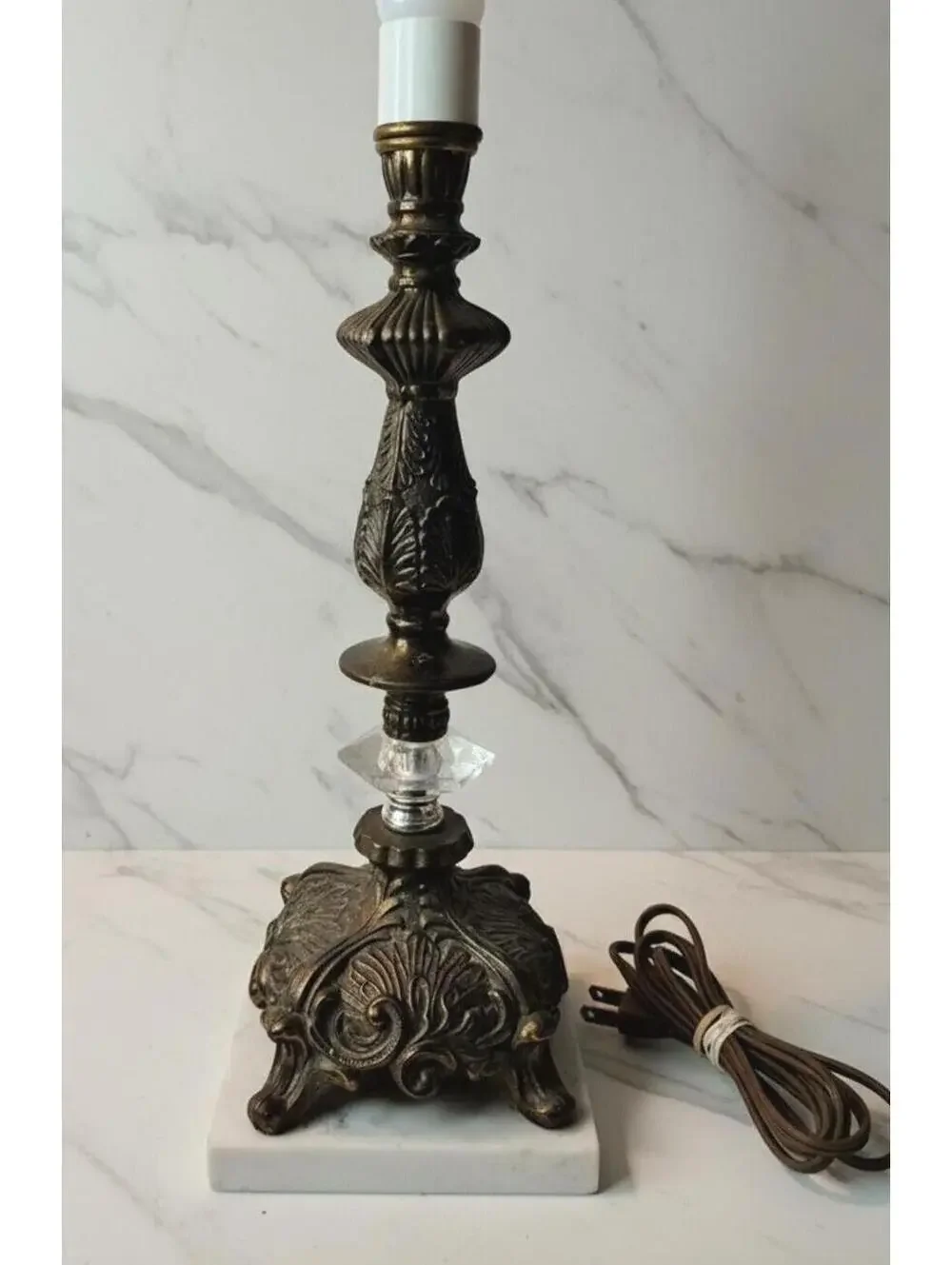 Vintage Brass Marble Claw Foot Table Lamp with Beaded Fringe Shade